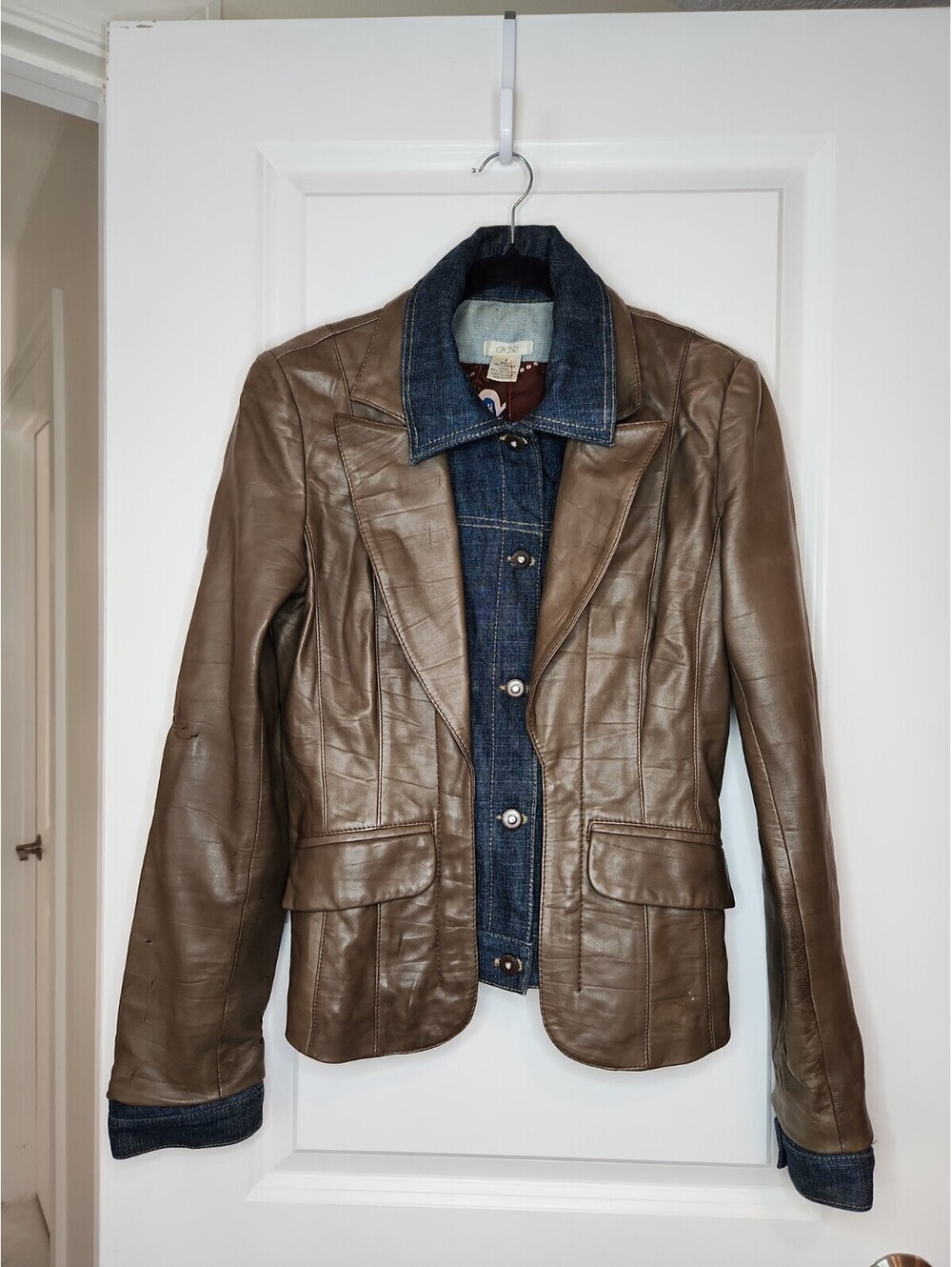 VTG Cache Brown Leather Dark Denim Blazer Jacket Womens 8 Retro Button Up RARE!